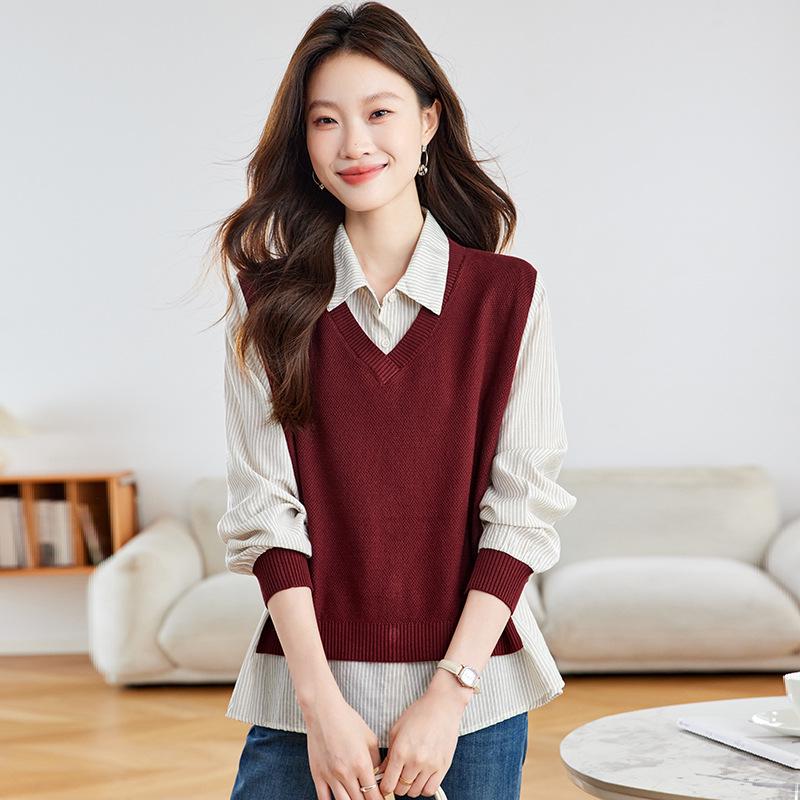 Women s Patchwork Fake Two-Piece Knit Sweater 2025 - SpringAutumn Color Block Striped Top M 4498₽