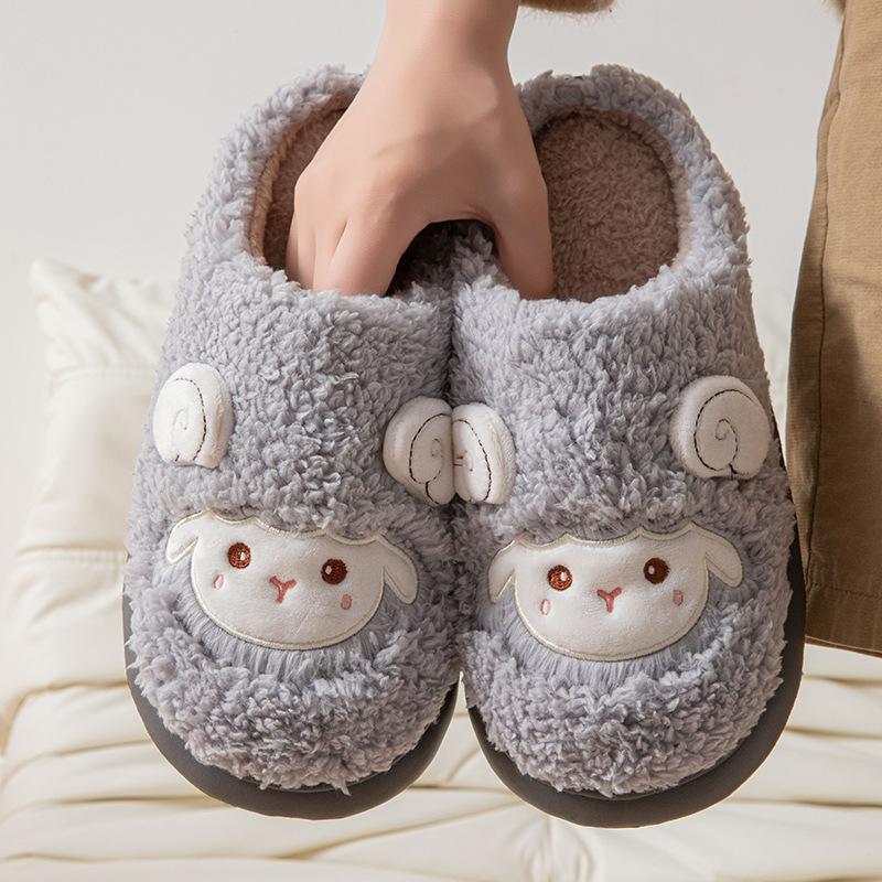Cute lamb cartoon cotton slippers women's autumn and winter home indoor velvet warm thick bottom non-slip fluffy slippers
