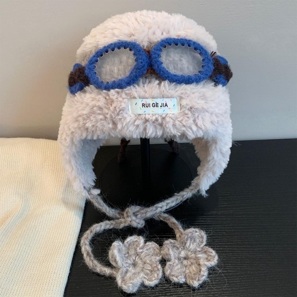 Warm Wool Beanie Hat with Glasses Pullover Cap New Winter Plush Flight Hats  For Women