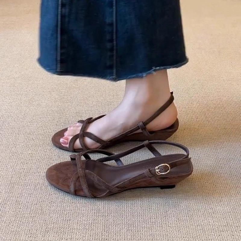 Modne Retro Wycięcie z Tyłu Pasek na Kostkę Otwarty Palec Sandały Damskie Letnia Moda Klin Temperament Okrągły Nosek Rzymskie Damskie Buty