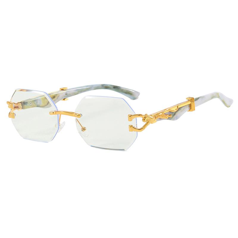 Vintage Rimless Polygonal Metal Frame Sunglasses with Leopard DesignTemples -Unisex Outdoor Party Vacation Travel Driving Po