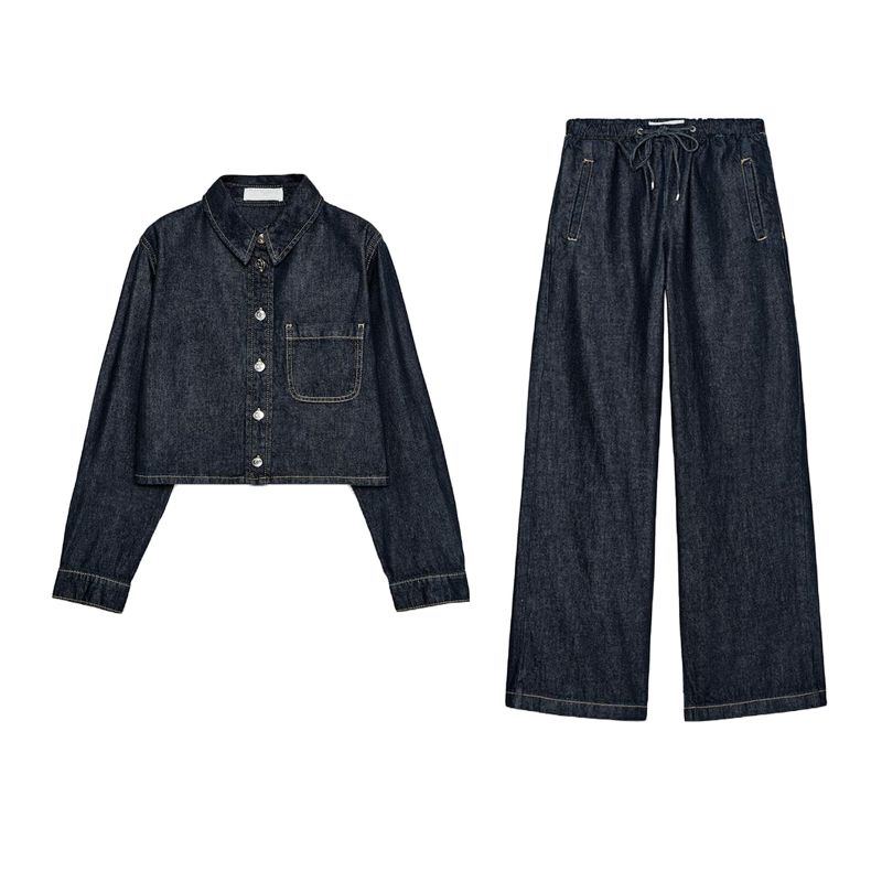 High Waist Wide Leg Jogging Plaid Jeans 1934027 Denim Cotton Long Sleeves Short Shirt 1934029