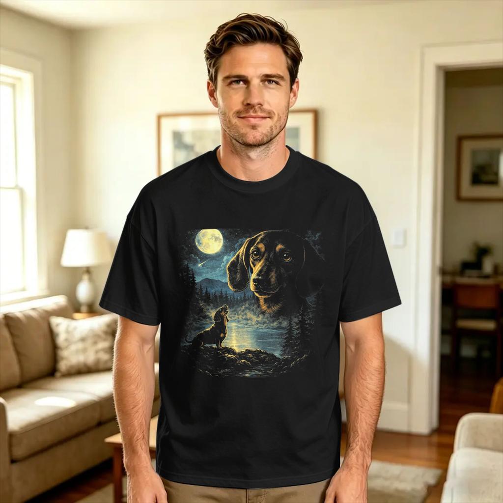 Vintage Dachshund Howling To The Moon 90s Retro Animals T Shirt Summer 100 Cotton T Shirts For Unisex Design Tshirt Short Sleeve