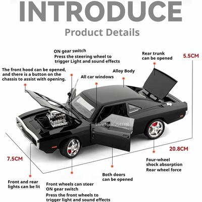 1:24 Scale Charger Hellcat Toy Sports Car Model Alloy Diecast Sound Light Pull Back Miniature Models Kids Collection Gifts