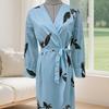 Women's Floral Print Satin Wrap Midi Dress Deep V Neck Long Sleeve Bodycon Dress Split Formal Evening Party Dress
