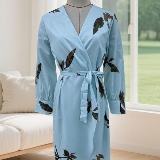 Women's Floral Print Satin Wrap Midi Dress Deep V Neck Long Sleeve Bodycon Dress Split Formal Evening Party Dress