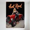 Vintage Hot Rod Metal Tin Sign with Neon 'Hot Rod' Text, Classic Red Hot Rod Car & Blonde Woman Decor for Man Cave Bar Home Gara