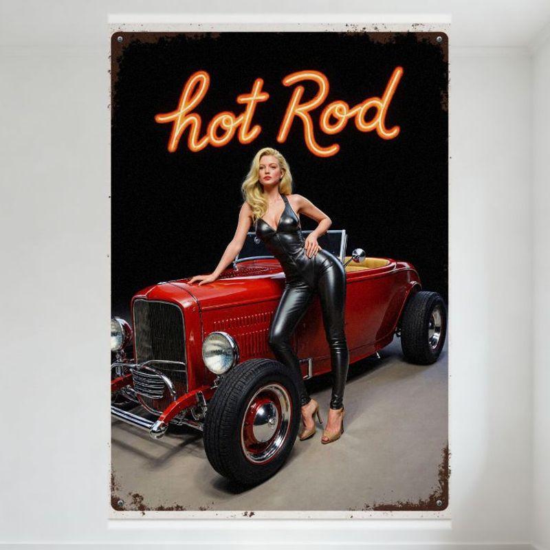 

Vintage Hot Rod Metal Tin Sign with Neon Hot Rod Text, Classic Red Hot Rod Car & Blonde Woman Decor for Man Cave Bar Home Gara 20x30cm（7.8x11.8inch）