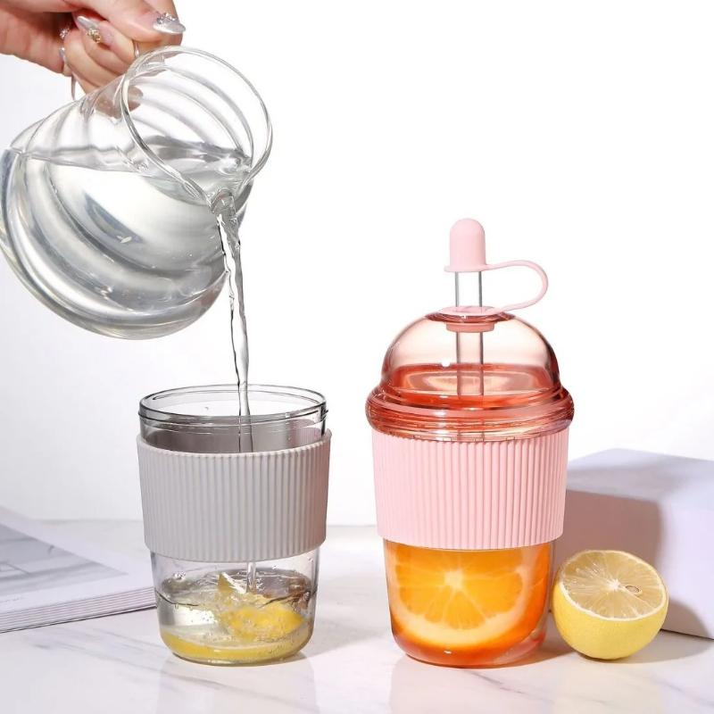 Portable Flip Straw Cup Plastics Ins Style Transparent Water Cup High-Capacity Water Bottles Tea Coffee Milk Heat-Resistant Juice Jelly Cups