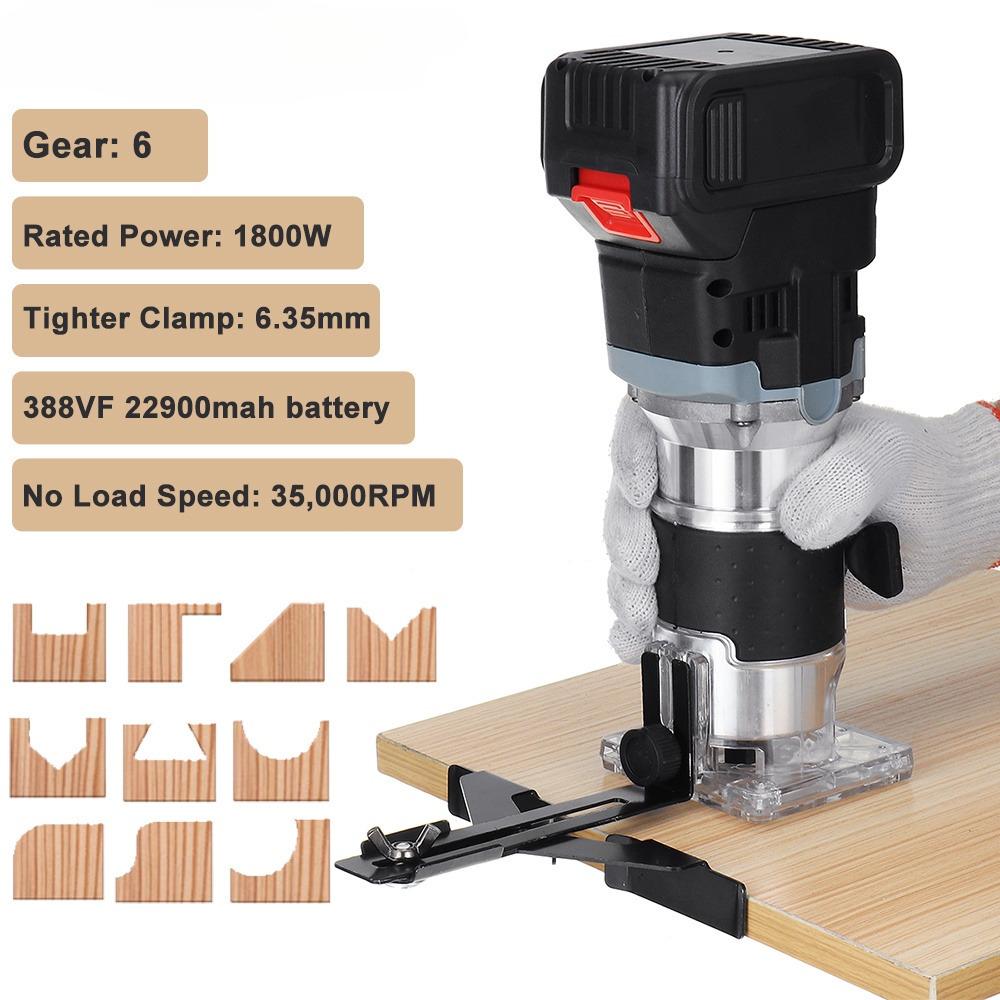 6 Gear 1800W Cordless Brushless Electric Trimmer Wood Router Engraving Slotting Machine Wood Milling Cutter for 18V Li-ion Battery