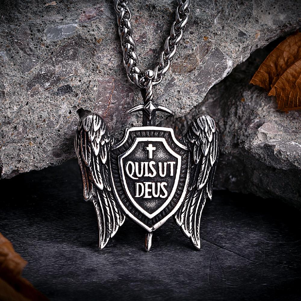 Retro Mens Angel Wings Sword Shield Necklaces Norse Mythology Archangel St Michael Pendant Stainless Steel Cross Amulet Jewelry