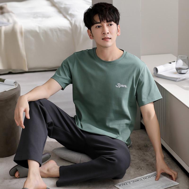 

Синий цвет мужской хлопковый пижамный комплект на лето с короткими рукавами, топ для сна, длинные штаны, ночная рубашка, домашняя одежда для молодых мальчиков L for 55-65kg