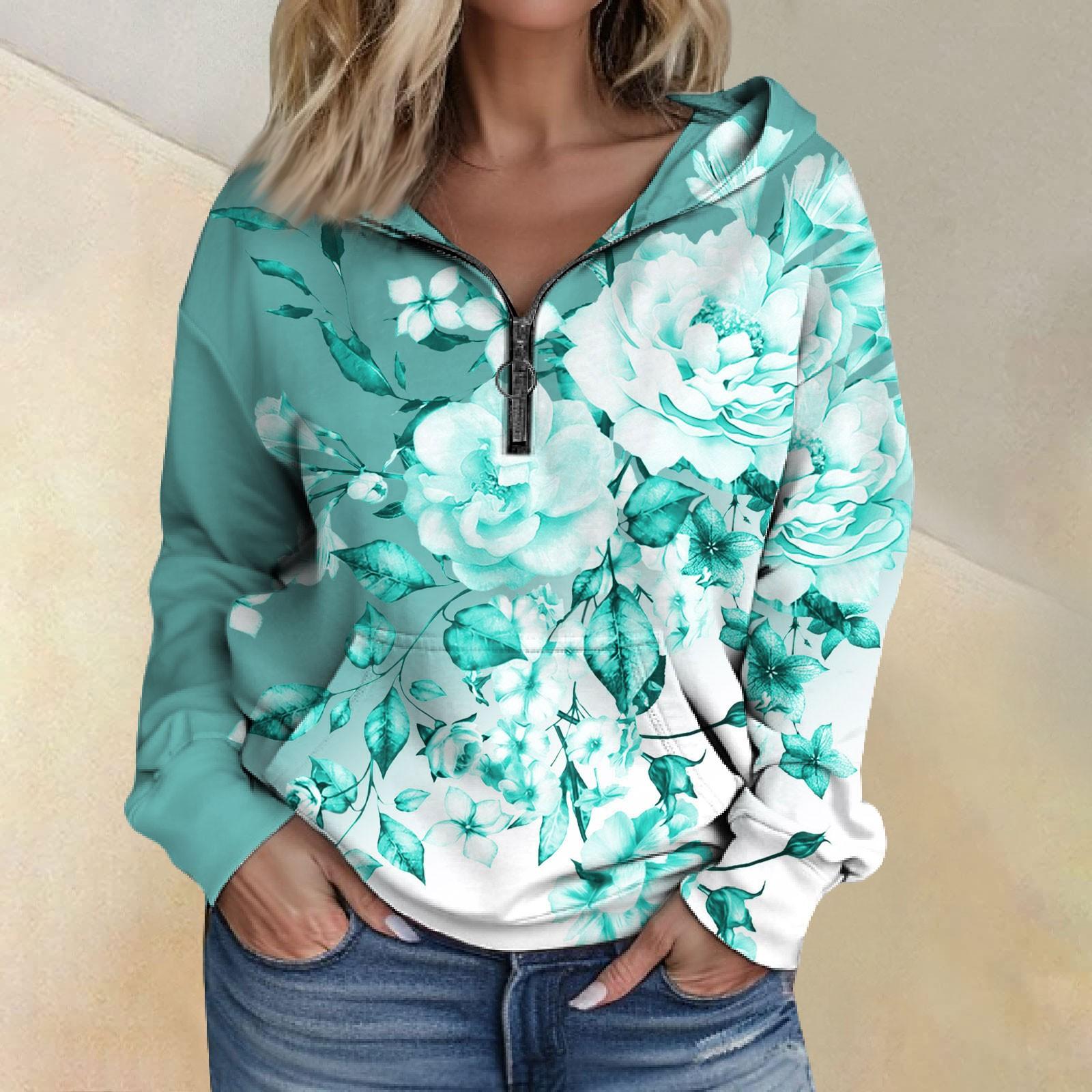 Женская мода с длинным рукавом и принтом свободная толстовка с капюшоном на молнии и карманами XXXL циан 2370₽