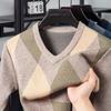 Autumn and Winter V-neck Sweater Men's Pullover Base Sweater Diamond Grid Jacquard Chicken Heart Collar Knitted Sweater