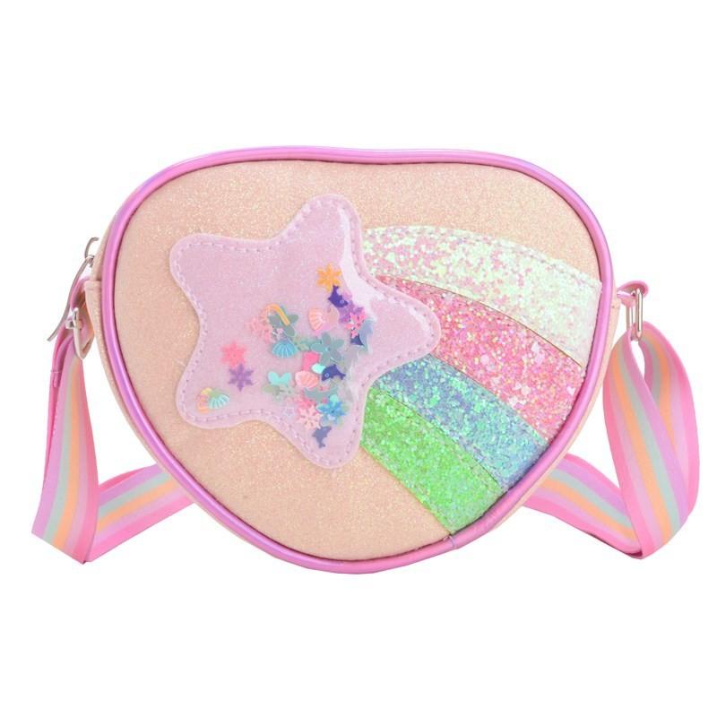 Trendy Shimmering Heart Kids Crossbody Bag In Soft Pink And Rainbow Colors