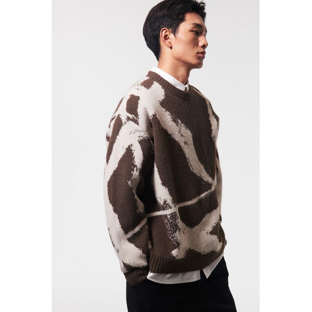 H M Loose Fit Jacquard Knit juMper Brown Pattern
