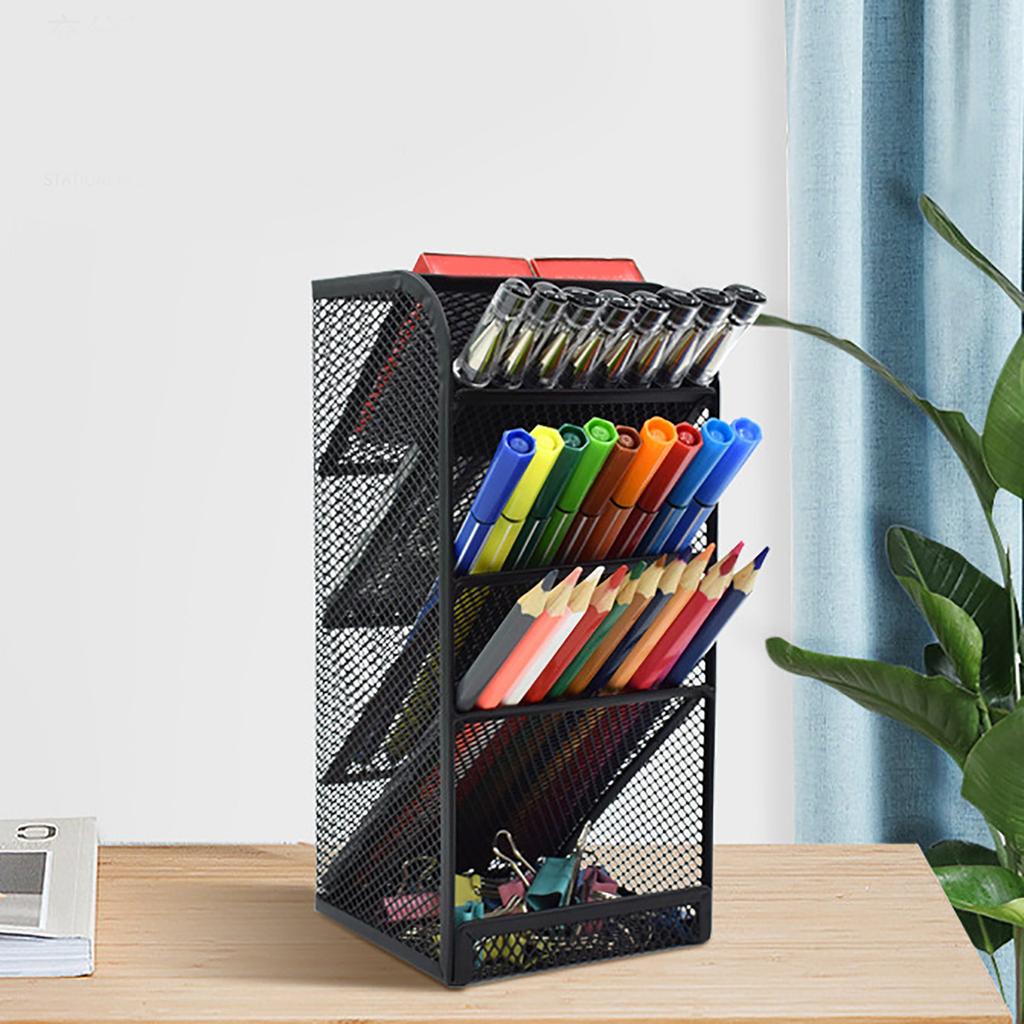 Metal Pen Organizer For Desk Mesh Functional Art Supply Pencil Holder With 5 Compartments For Office Home School Workspace