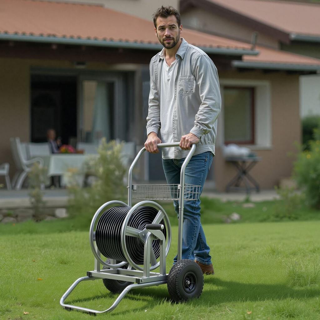 Water Hose Reel Cart, 6096/9144 Cm High-Pressure Garden Hose Cart, Hoses Reel Carts with Two Wheels, Handle & Heavy-Duty Mesh Storage Basket,