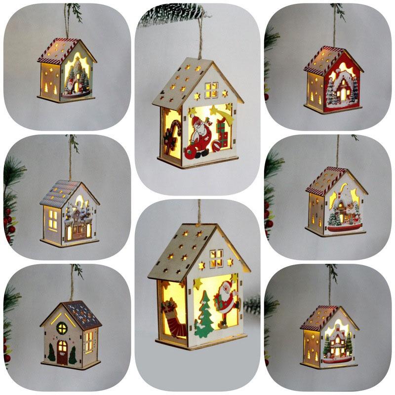Christmas Glowing Colorful Hut Christmas Decorations Wooden House Hanging Christmas Tree Pendant