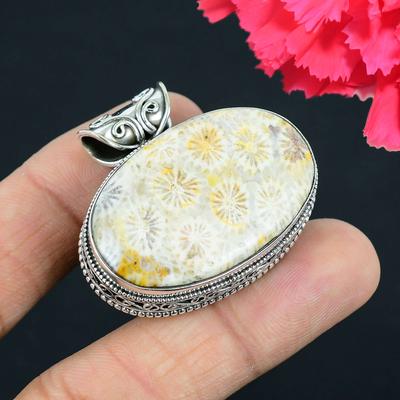 Fossil Coral Gemstone Pendant Solid 925 Sterling Silver Pendant Jewelry Gift For Unisex
