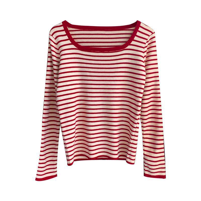 Women's Striped Knit Sweater: Stylish Square Neck, Slim Fit, Versatile for Autumn/Winter