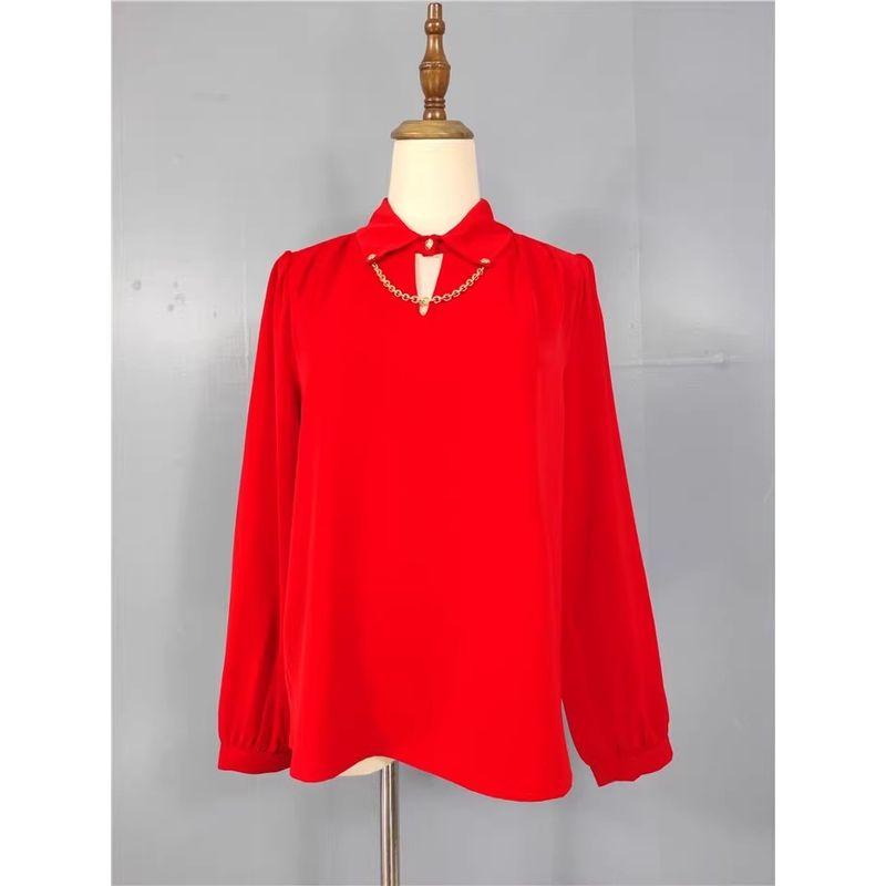 

Export Single OL Work Work Clothing Lapel Sexy Low-Cut Chain Decoration Fashion Adult Lady like Woman Elegant French Tops Shirt Red 2XL