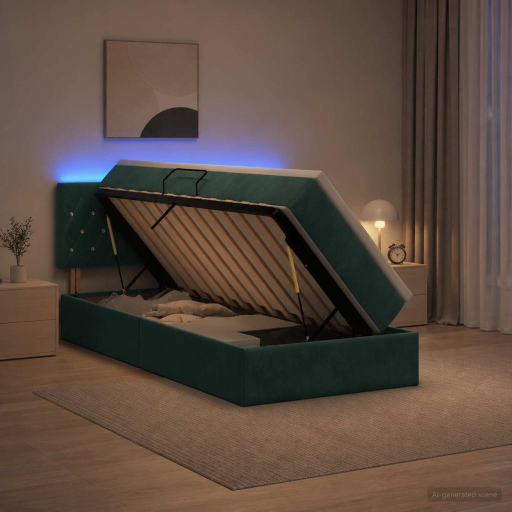LED Storage Bed with Mattress Dark Green 90 X 200 Cm Velvet