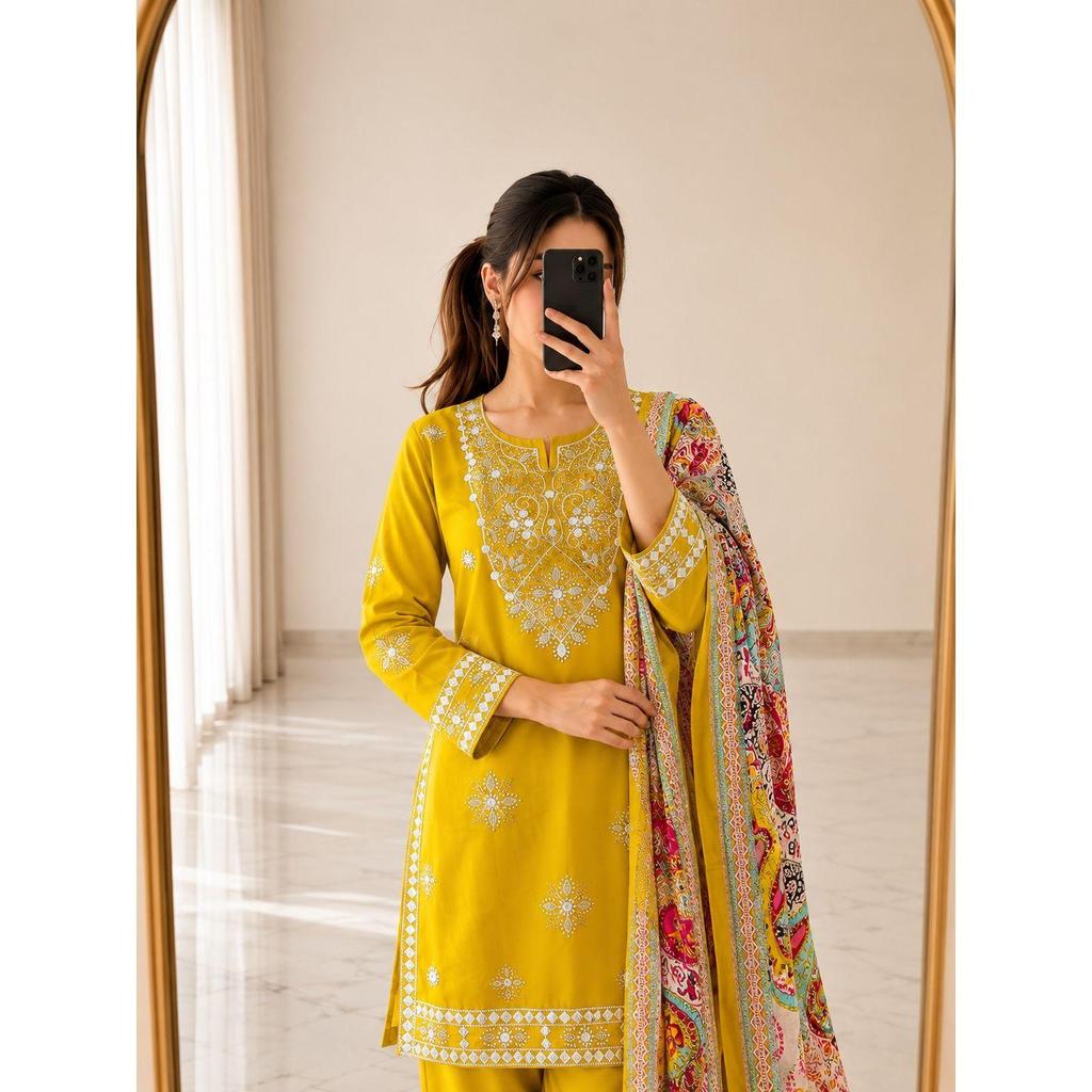 We are Launching Exclusively Festive & Party Wear Heavy Cotton With Embroidery Gotapati With Top-Bottom And Dupatta Set