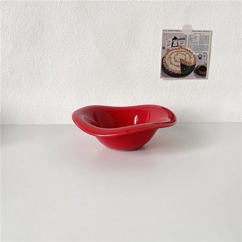 Creative Ceramic Wavy Salad Bowl Dessert Bowl Irregular Solid Color Home Cafe Cream Style Tableware Afternoon Tea Fruit Bowl