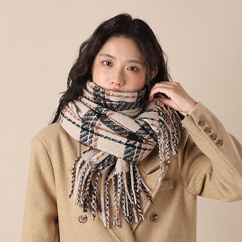 

Шерстяной шарф Новый клетчатый шарф Женский зимний утолщенный теплый ретро универсальный высококачественный шаль-шарф Студенческий 200*65