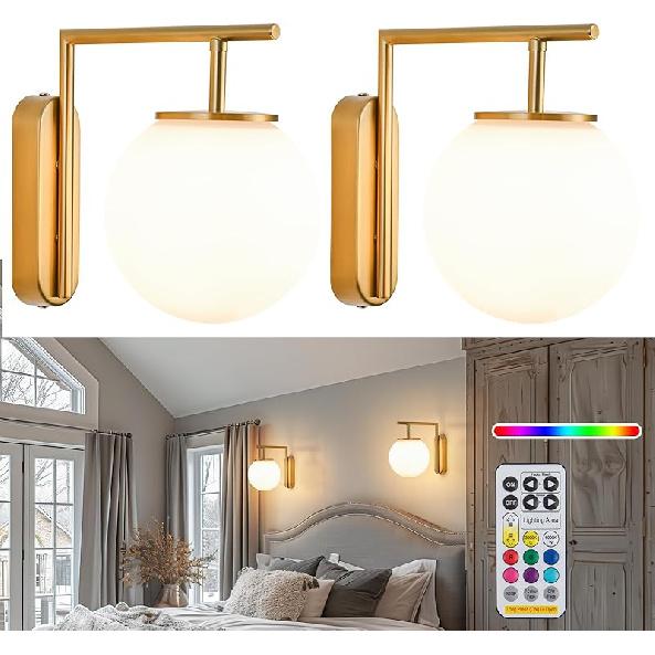 

Wall Sconce Battery Operated Set of 2,Glass Shade Wireless Wall Light Fixtures,Rechargeable Indoor Wall Light with Remote Control Dimmable, for золотий