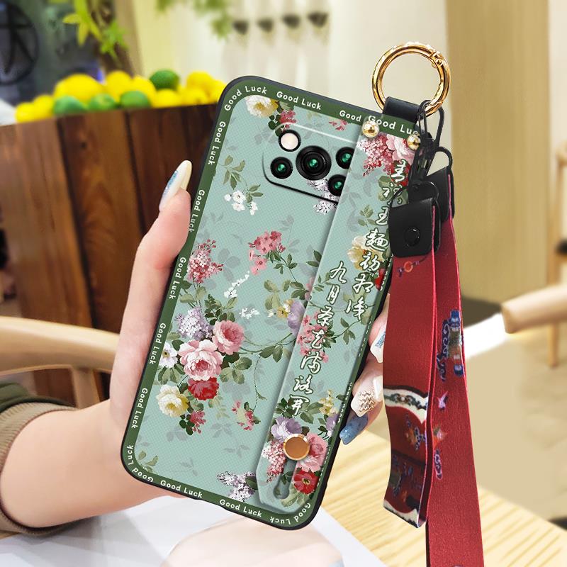 Lanyard Protective Phone Case For Xiaomi Poco X3 NFC/X3 Pro Wristband Back Cover Chinese Style Silicone Phone Holder