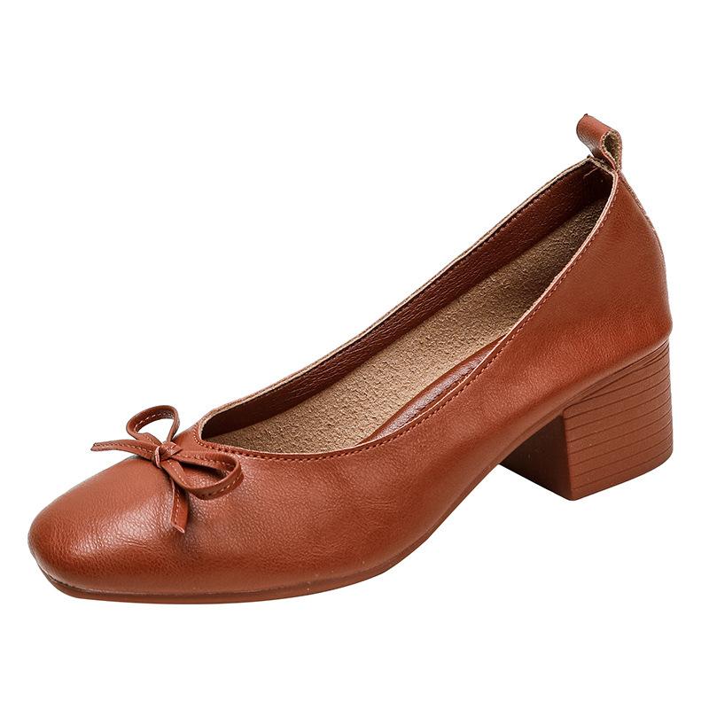 Leather V-mouth single shoes women's thick heel square head soft leather soft sole not tired foot bow retro commuter shallow mouth Mary Jane