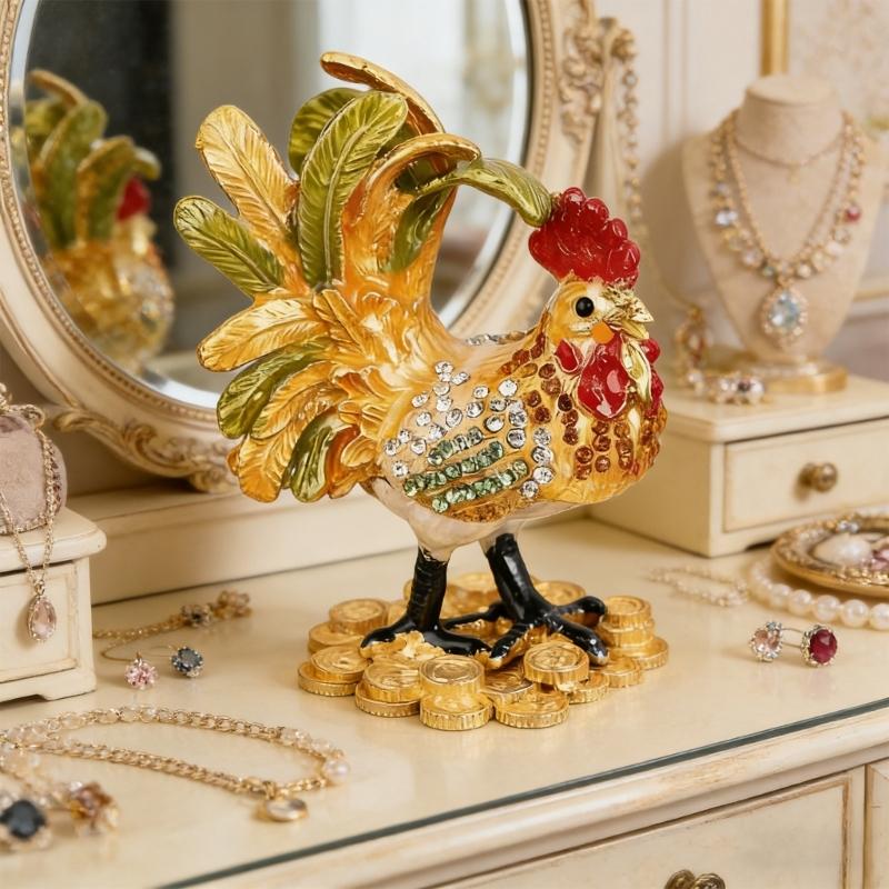 Hand Painted Enamel Rooster Jewelry Box For Rings Earrings And Small Accessories Decorative Ornament Gift