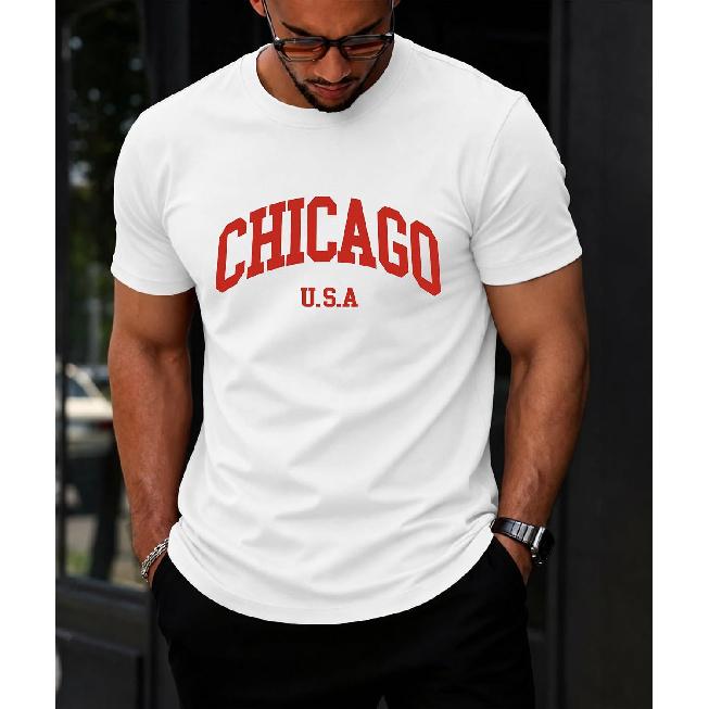 KESIHAN Mens Chicago Graphic Tee 100% Cotton Casual Streetwear T Shirt
