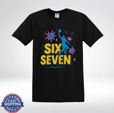 Sechs Sieben Basketball Dunk Retro Bunt Spieler Silhouette Grafik T-Shirt