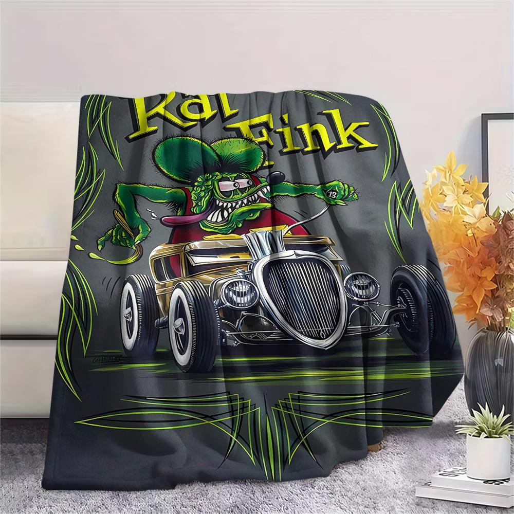 1PC Rat Fink Print Flannel Blanket, High Quality All Seasons, Home Decor, Warmth and Comfort, Perfect for Christmas Gifts
