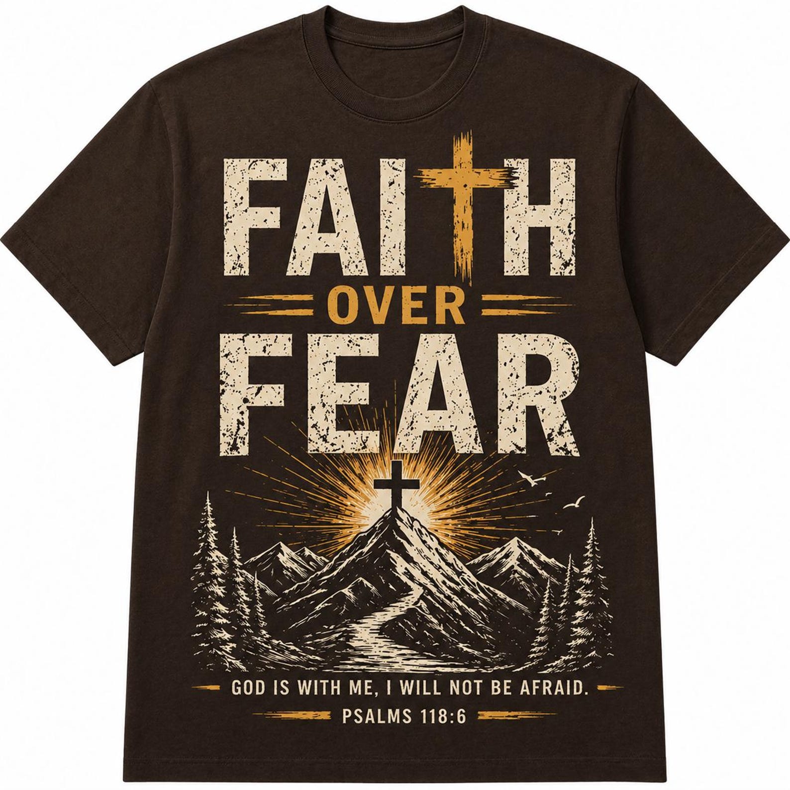Faith Over Fear Christian T-Shirt, Psalm 118:6 Bible Verse, Inspirational Cross Mountain Graphic Tee S