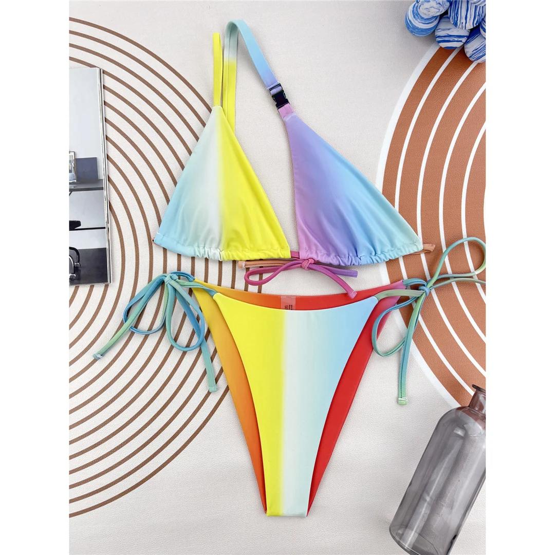 

Сексуальный асимметричный радужный бикини на одно плечо женский купальник женский купальник из двух частей комплект бикини купальный костюм купальный костюм M