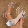 Large Size Summer Crystal Heel Women's Sandals New Square Head Word with Medium Heel Thick Heel Sandals