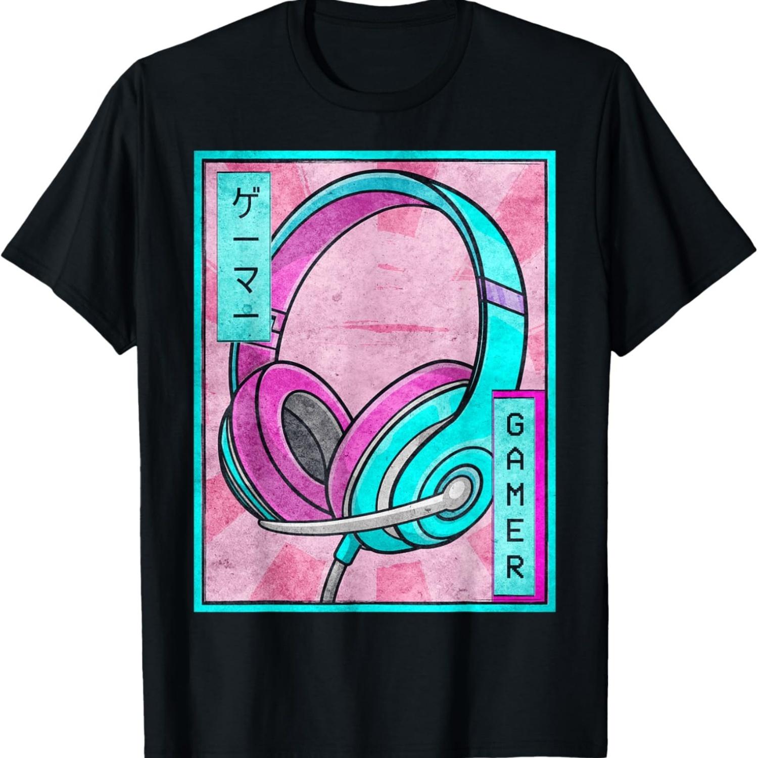 Gamer Gaming Headset Japanese Vaporwave Aesthetic T-Shirt S чёрный