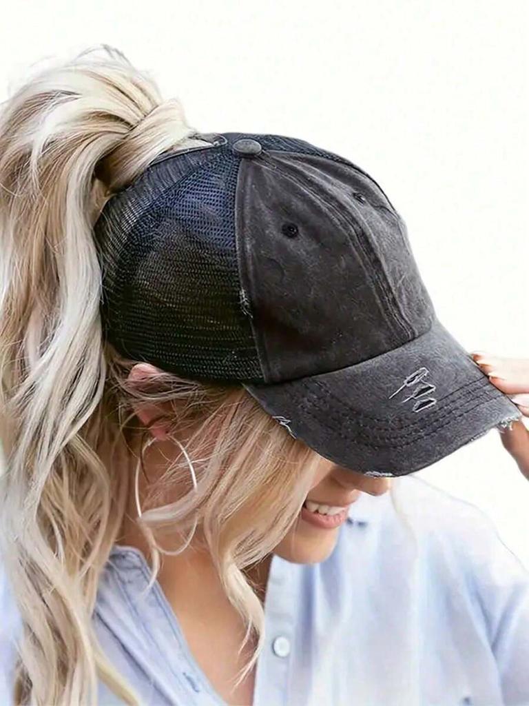 Cappellino da Baseball Retro Usurato con Coda di Cavallo Alta, Cappello da Sole Regolabile per Donna, Abbigliamento Casual