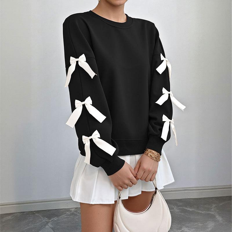 Women S Red Bow Crew Neck Long Sleeve Casual Sweatshirt