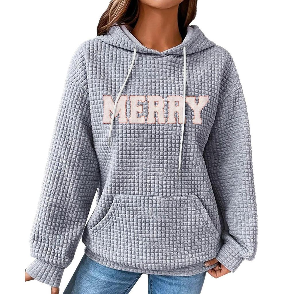 Women's Fashion Loose Hooded Pullover Long Sleeve Plaid Sweatshirt With Drawstring, Drop Shoulder, Pocket, Christmas Print Top