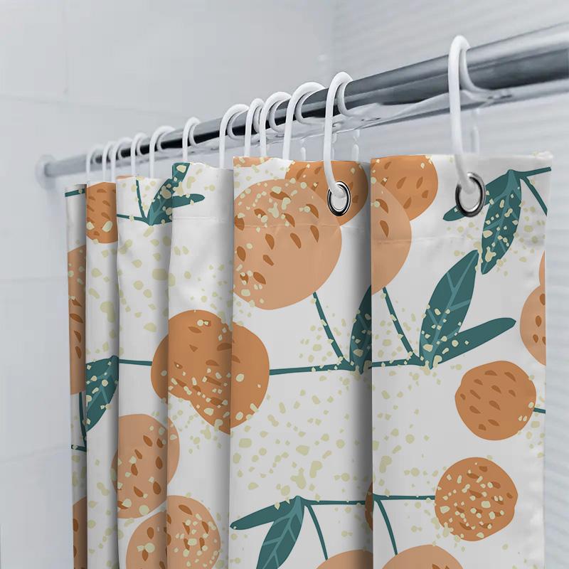 Modern Bath Shower Curtain With Orange Cherry Fruit Design, White Polyester Fabric For Bathroom Decoration Green Leaf Pattern