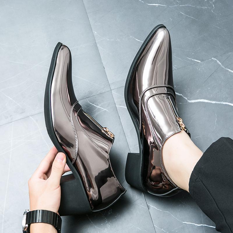 European Station Glossy Casual Leather Shoes Spring and Autumn Fashion Pointed Business Shoes Front Zipper Dress Thick Heel Heightening Shoes