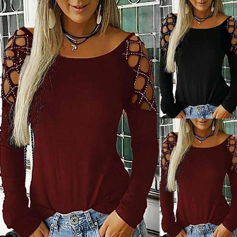 Cotton Long Sleeve T Shirt With Cutout Pattern And Sparkling Details For Women