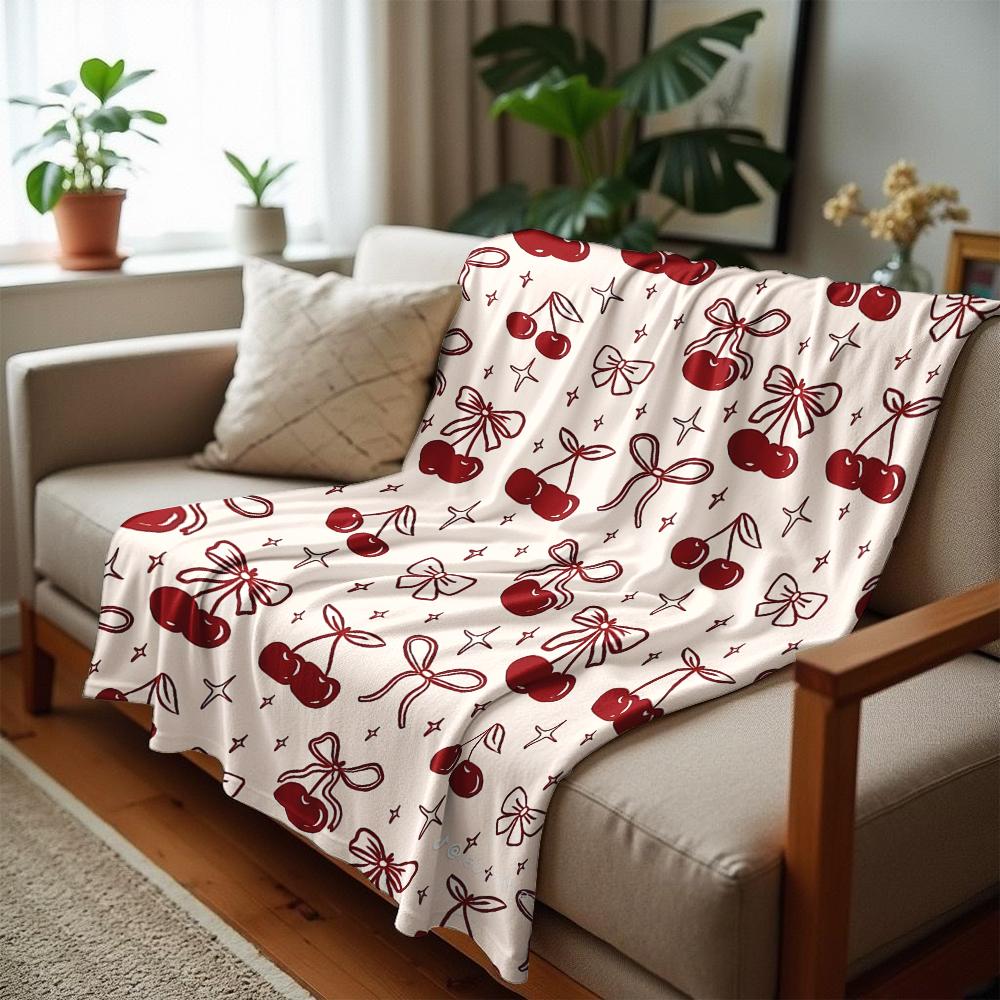 Cherry Bow Star Cartoon Anime Print Flannel Blanket Soft Warm Throw for Kids Bedroom Sofa Christmas Office Car