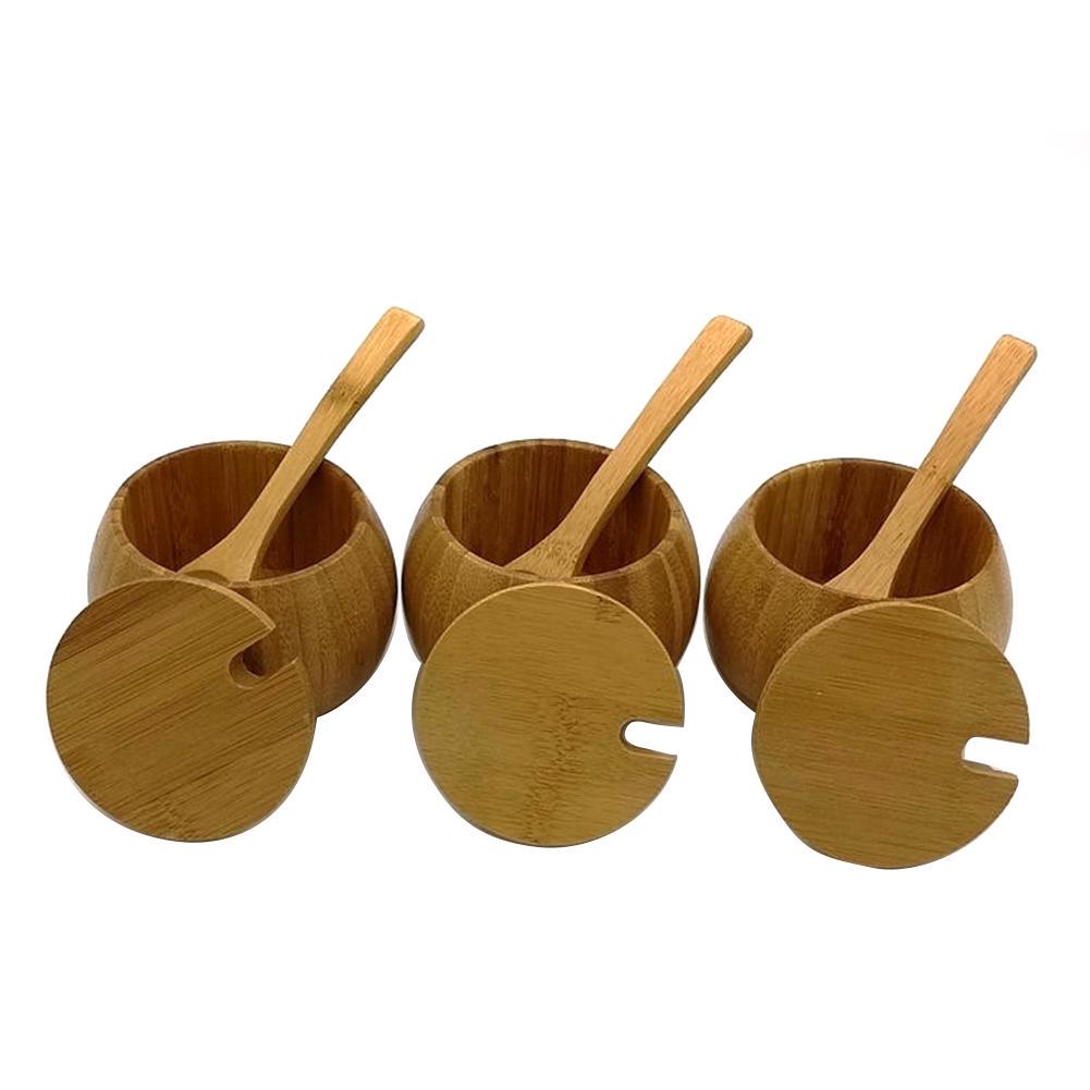 Wooden Seasoning Pot Spice Jar Spoon Set with Lid Kitchen Storage Container