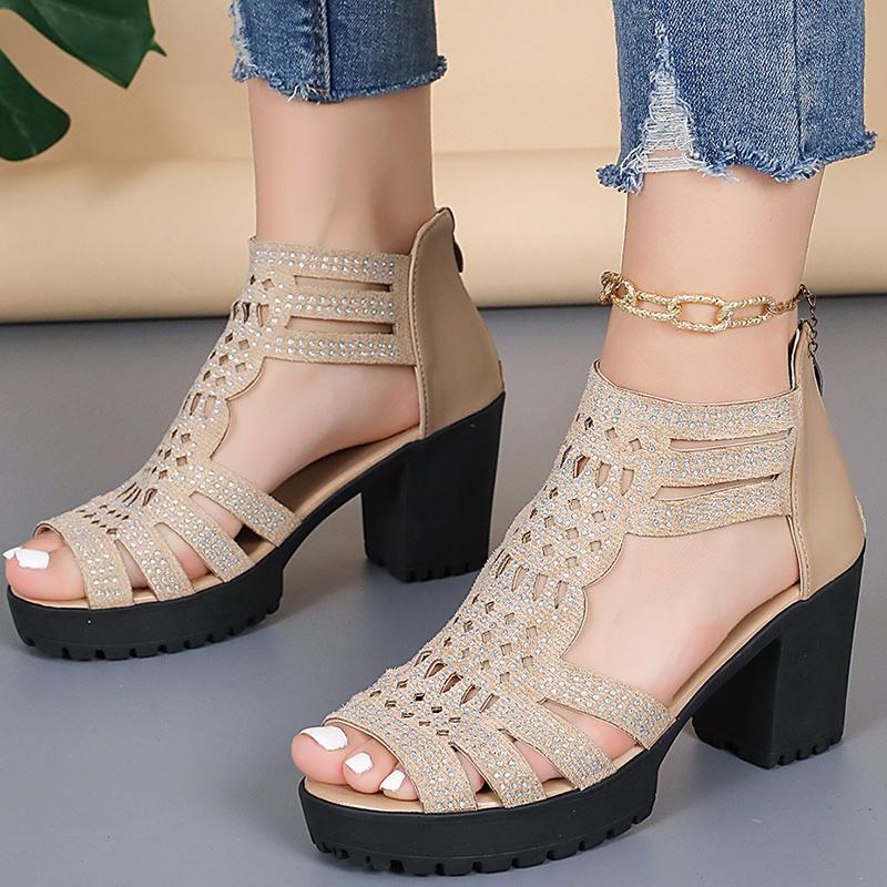 Fashion Fashion Open Toe Hollow Summer Sandal Women Diamond Decor High-Heeled Sandals Lady Luxury Non Slip Cover Heel Sandal Mujer